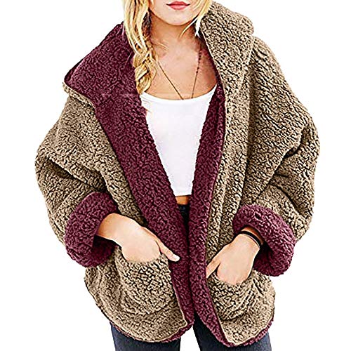 Sanyyanlsy Women's Casual Fleece Fuzzy Faux Shearling Warm Winter Oversize Reversible Hoodie Coat Thermal Cardigan Tops Wine Red