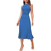 Pink Queen Women's Crew Neck Sleeveless High Waisted Bodycon Pleated Ribbed Swing Knit Midi Dresses