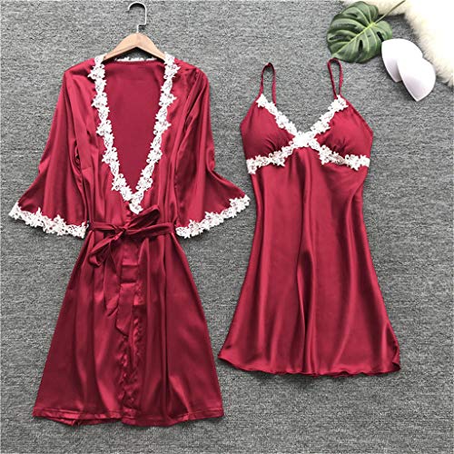 Women's Long Satin Robe Sexy Lace Lingerie Bridal Kimono Pajamas Plus Size XXXL Temptation Slip Nightwear (Wine, XXL)