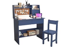 SFDOU Blue Kids Desk and Chair Set for 5-12 Year Old, Childrens Drawing Desk with Wooden Tabletop Paper Roll Dispenser, Kids Study Table with Drawers and Storage Shelf-h79PmR