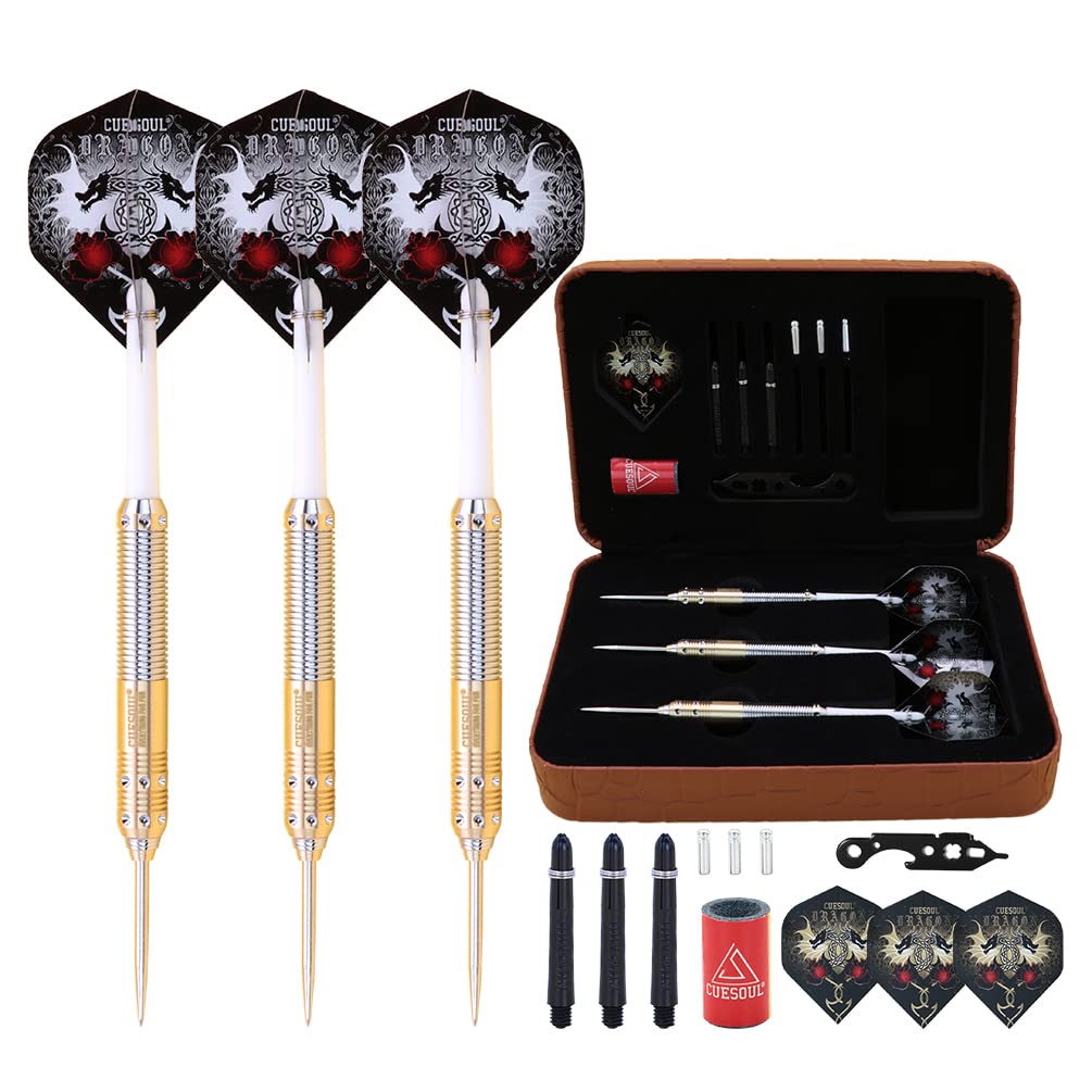 CUESOUL Dragon Series 23 Grams Professional Steel Tip Darts Set Brass Barrels Shockproof Deluxe PU Carry Case Nylon Shafts Well Balanced (JL-SL-J2106L)