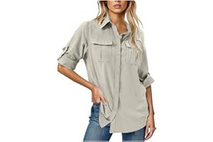 Women's UPF 50+ Sun Protection Shirts Long Sleeve Button Quick Dry Blouse Casual Outdoor Hiking Safari Top with Pockets