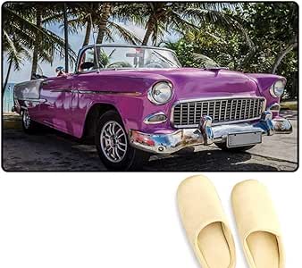Alfombrilla de baño, Color Negro y Blanco, diseño Vintage de Coches