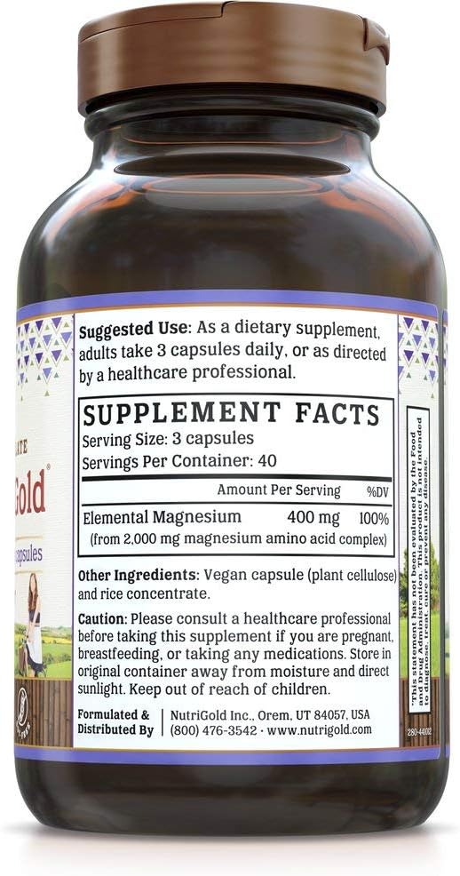 Nutrigold Chelated Supplement, 400 Mg, Highly Bioavailable Full-Spectrum Chelate Better Than Magnesium Glycinate, Malate, or Oxide, 120 Vegan Capsules: Health & Personal Care