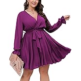 SCOMCHIC Women's Plus Size Long Sleeve Wrap V Neck Tie Waist A Line Mini Dress