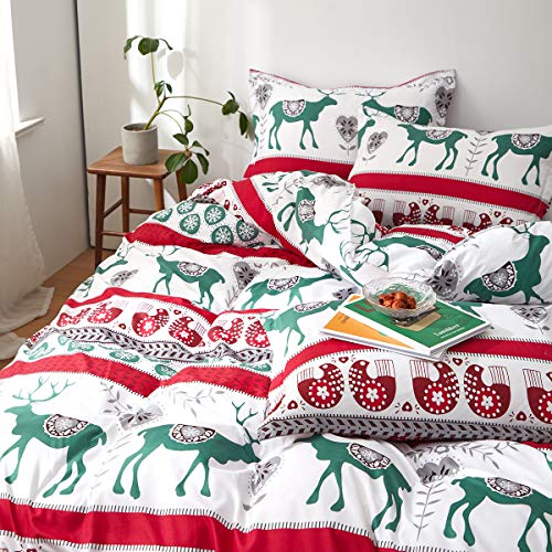 Uozzi Bedding King Duvet Cover Set Christmas Deer with Snowflake Red and Green Style 800 - TC Luxury Hypoallergenic 1 Microfiber Comforter Cover with 2 Pillow Shams for Holiday New Year Gift Choice - Thumbnail 7