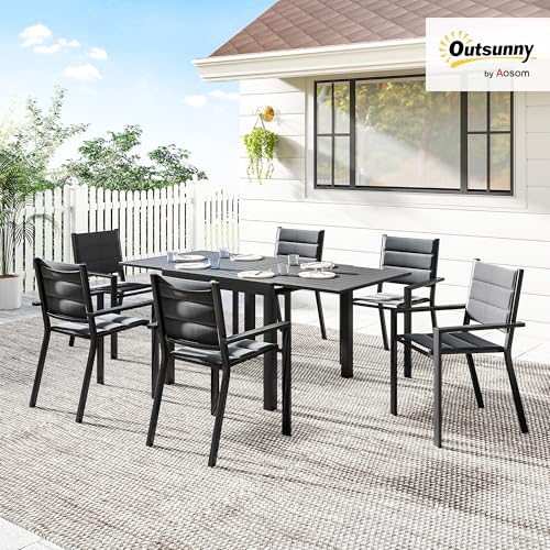 Outsunny 7 Piece Patio Dining Set for 6, Aluminum Expandable Outdoor Table and Stackable Chairs with Padded Back and Mesh Seats, Patio Furniture Dining Set for Garden, Black