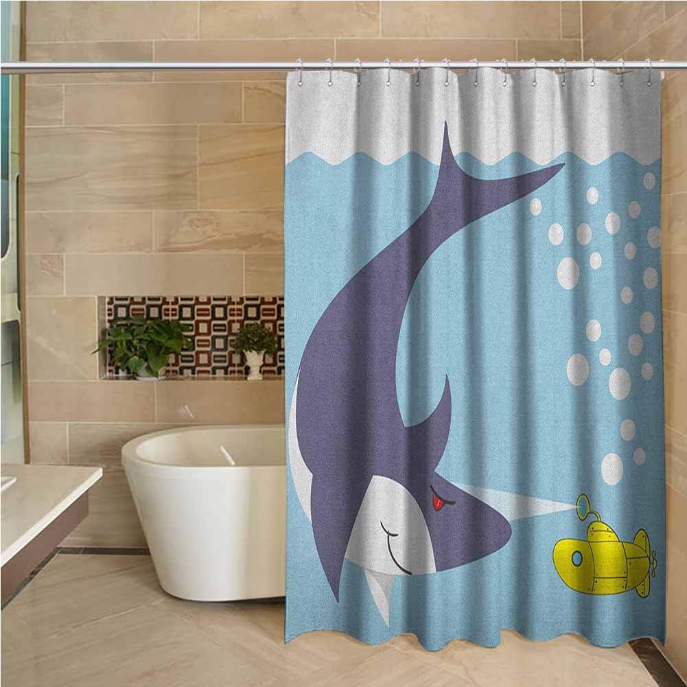 Cool Shower Curtain Yellow Submarine Shark with Vessel in Ocean Bubbles Under Sea Theme Animals Cartoon Blue Gray Yellow W72 xL84