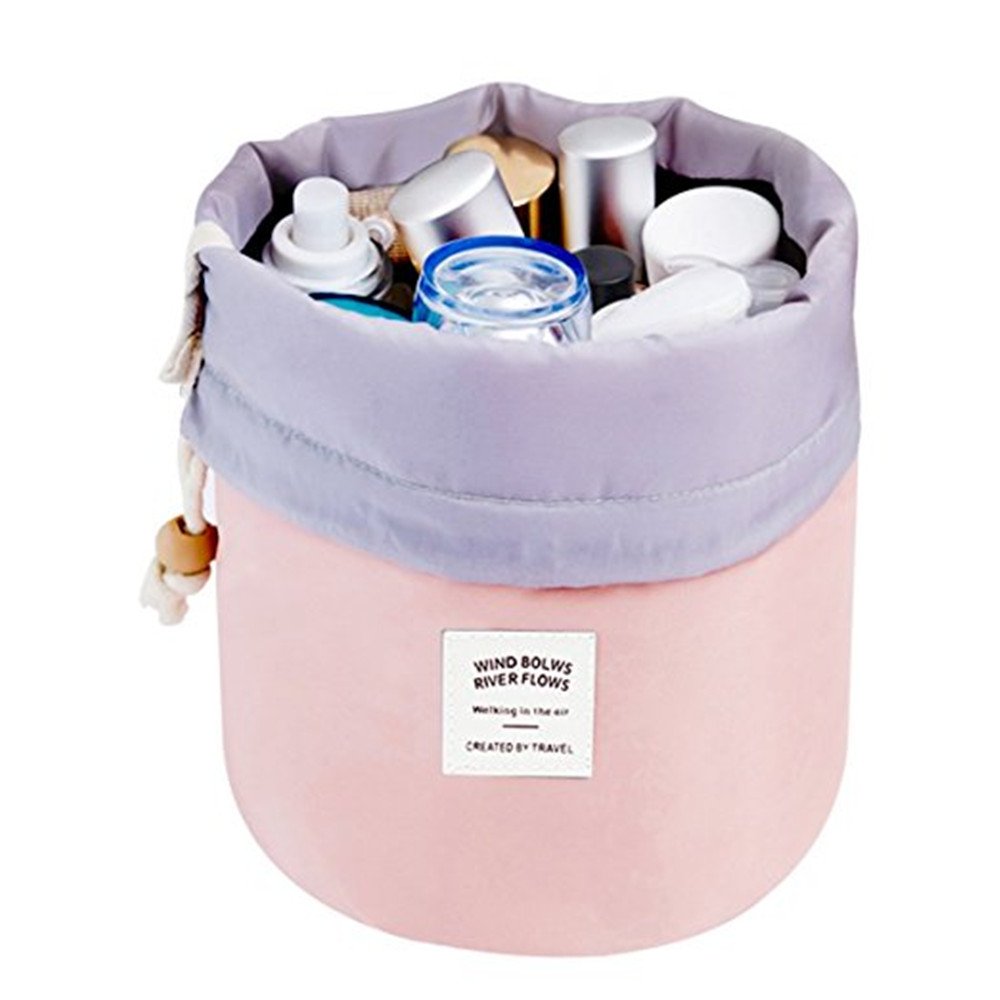 Women Travel Make Up Bag,Pouches Cosmetic Bags Girls Barrel Shaped Hanging Toiletry Wash Bags Nylon Drawstring Makeup Organizer Storage Bag + Small Zipper Pocket+PVC Transparent Brush Bag (Pink)