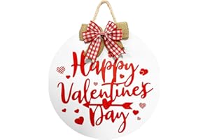 AMIATALO Happy Valentine's Day Hanging Sign, Round Wooden Red Heart Valentines Day Decor Front Door Sign with Ribbon Bow for Valentine's Day Front Door Wall Rustic Farmhouse Porch Decorations, 12 Inch