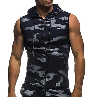 Kanpola Tank Top Herren Slim Fit Basic Camouflage Print Kurzarm T-Shirt mit Reißverschluss und Kapuze