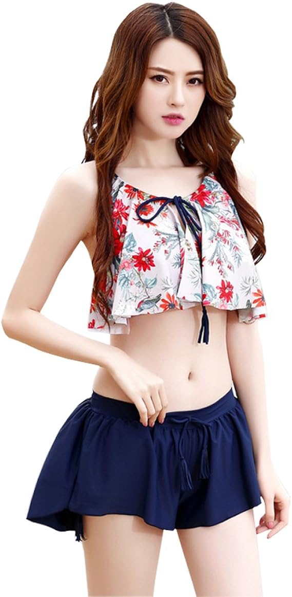 Amazon ゾンシノー Zoncinoo タンキニ 水着 レディース 体型カバー3点セットビキニ 水着 バンドゥビキニ フリル かわいい 花柄 セパレート スイムウェア 女の子 女性水着 着痩せ タンキニ 通販