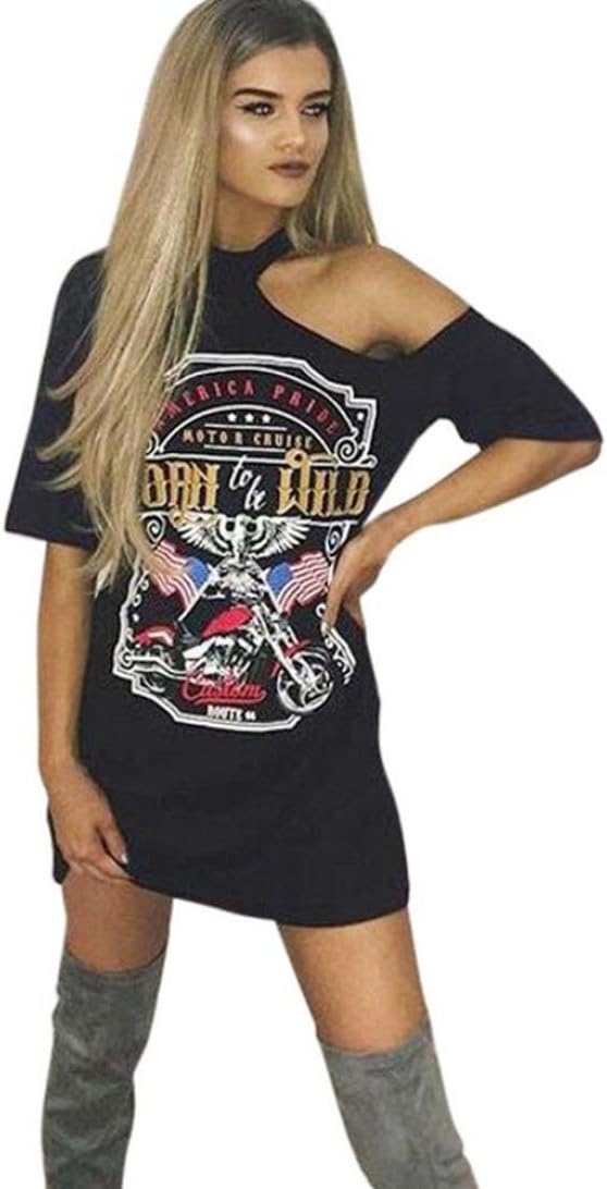 SHOBDW Women Womens Dresses, Vintage Off Shoulder Rock Style Long T-Shirt Mini Dress