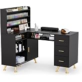 OmySalon L Shaped Manicure Table with Dust Collector, 52" L Corner Nail Desk for Nail Techs, w/Polish Display Rack Arm Rest, Acetone Resistant Top, Drawer and Cabinet Storage, for Nail Salon (Black)