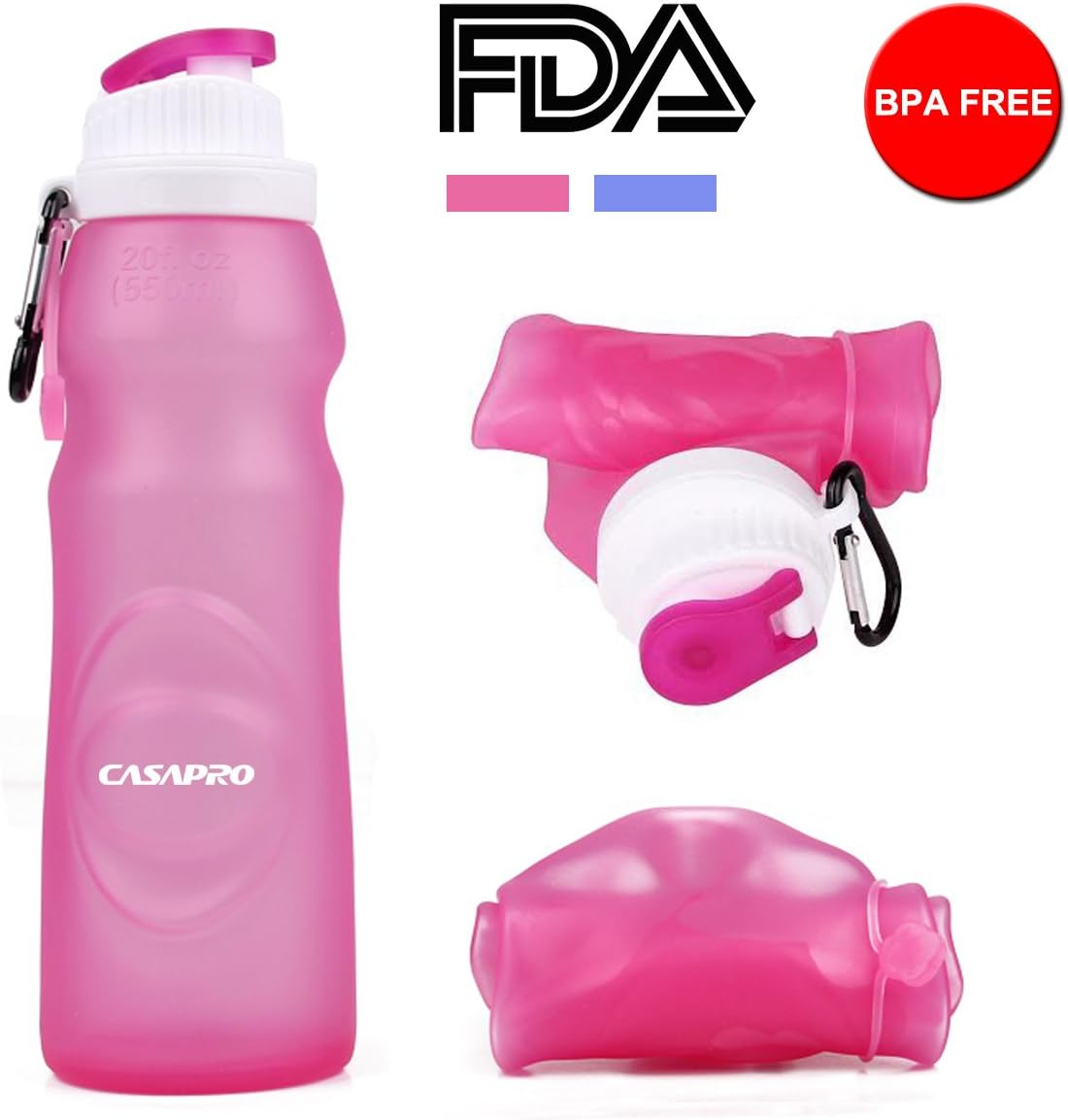 CASAPRO Collapsible Water Bottle - 17oz Silicone Sports Water Bottle for Traveling, Rollable and Foldable with Aluminum Carabiner (2 Pack)