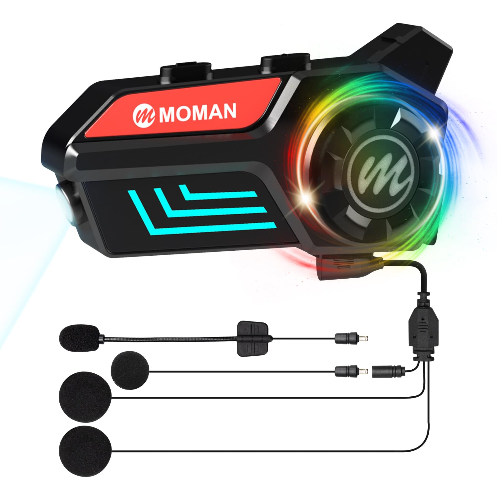 Moman Motorcycle Helmet Speakers - Glove-Friendly Knob, H4S【LED Headlight&RGB 】 Motorbike Helmet Headset Dual Noise Reduction Hi-Fi Soft/Hard Mic/IPX6 Music Control/AI Voice/Headphone for Solo Riding