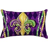 RABUSOFA Mardi Gras Pillow Covers 12x20 Inch,Fleur De Lis Lumbar Decorative Throw Pillows,Purple Beads Outdoor Pillow Cases Decorations Holiday Party Couch Sofa (12" x 20")