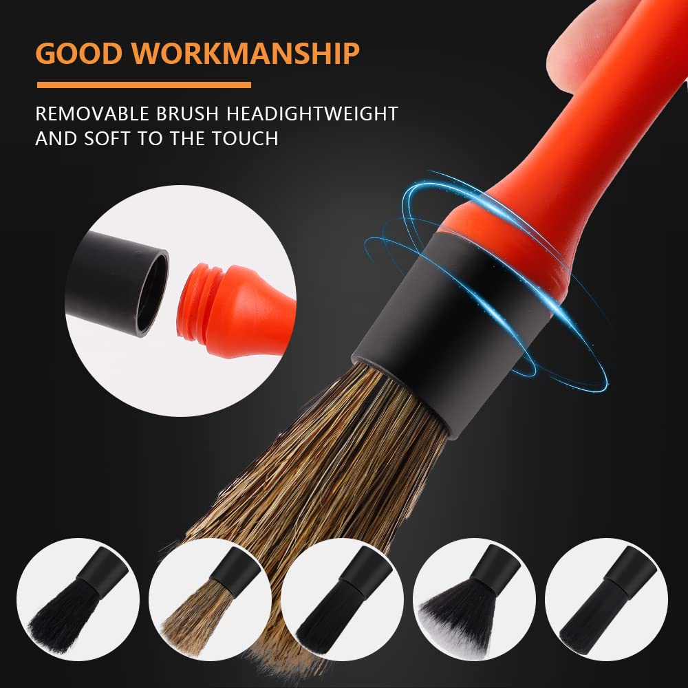 SPTA Detaillierungsbürsten-Set 5 Verschiedene Größen Premium-Naturhaar-Mischfaser-Kunststoffgriff Auto-Detailbürsten zum Reinigen von Rädern, Motor, Innenraum, Lüftungsschlitzen 2