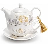 Nagpew Tea for One Set, Porcelain Floral Teapot Cup Saucer Set | Vintage Bone China Teapot with Tassel Decorative Rose Pattern for Women, Gift, Dishwasher, Microwave Safe