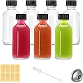 2oz Small Clear Glass Bottles with Lids - 7 Pack Shot Bottles with Caps for Ginger Shots, Juice, Potion, Liquids, Whiskey - Mini Travel Bottles with Funnels, Stickers and Brush (7Pack-Clear)