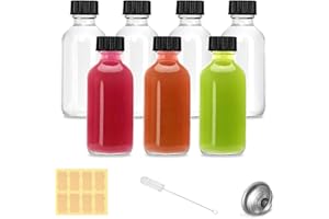 LANBEAUTIFY 2oz Small Clear Glass Bottles with Lids - 7 Pack Shot Bottles with Caps for Ginger Shots, Juice, Potion, Liquids, Whiskey - Mini Travel Bottles with Funnels, Stickers and Brush (7Pack-Clear)