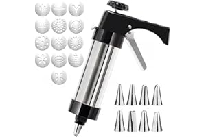 Stainless Steel Cookie Press Gun Kit with 13 Discs and 8 Piping Tips for Baking, DIY Spritz Christmas Cookies, Cake and Desse
