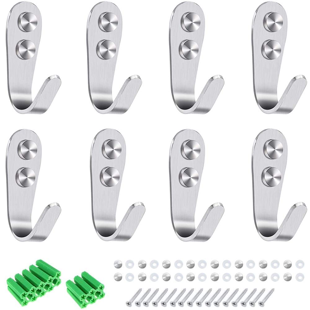 8 Pieces Stainless Steel Metal Hook Wall Mounted, Single Mounted Hook, Wall Hooks, with Accessories (Including 16 Screws), Used to Hang Clothes and Hats in The Bedroom and Bathroom (Silver White)