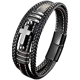 VA JENT Cross Leather Bracelet, For Men Multilayer Braided Memorial Wristband Bangle Stainless Steel Buckle Religious Activities Holiday Gifts