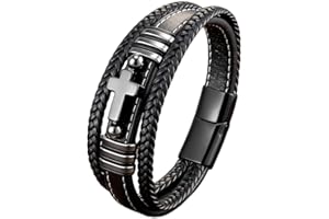 VA JENT Cross Leather Bracelet For Men Multilayer Braided Memorial Wristband Bangle Stainless Steel Buckle Religious Activities Holiday Gifts