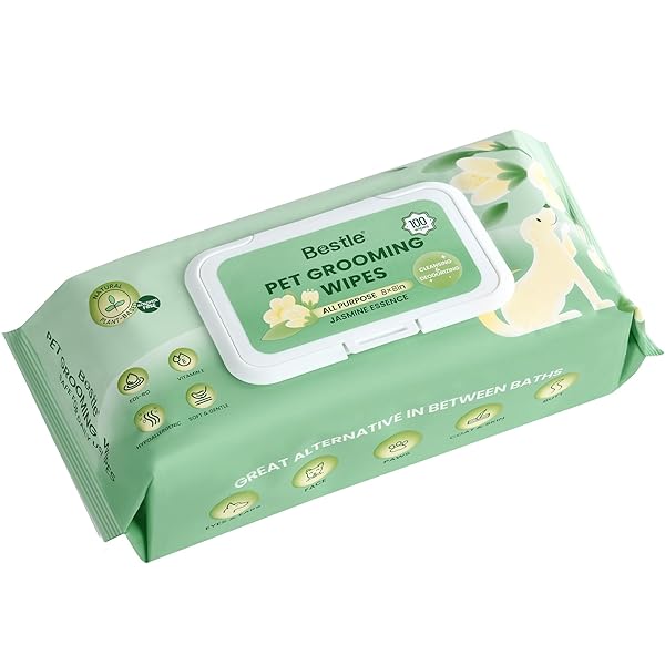 BESTLE DOG WIPES, 100 COUNT PET GROOMING WIPES, CONDITIONING SHINE COAT, CLEANING AND DEODORIZING, PET WIPES FOR DOGS & CATS, FOR SENSITIVE SKIN (JASMINE)