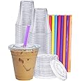 Comfy Package [100 sets - 12 oz. Clear Plastic Cups With Flat Lids & Straws - Disposable Clear Drinking Cups For Iced Coffee, Cold Drinks, Milkshakes, and Smoothies