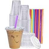 GUSTO [12 oz. - 100 Count Clear Cups with Flat Lids & Straws - Disposable Clear Drinking Cups for Iced Coffee, Cold Drinks, Milkshakes, and Smoothies - Formerly Comfy Package