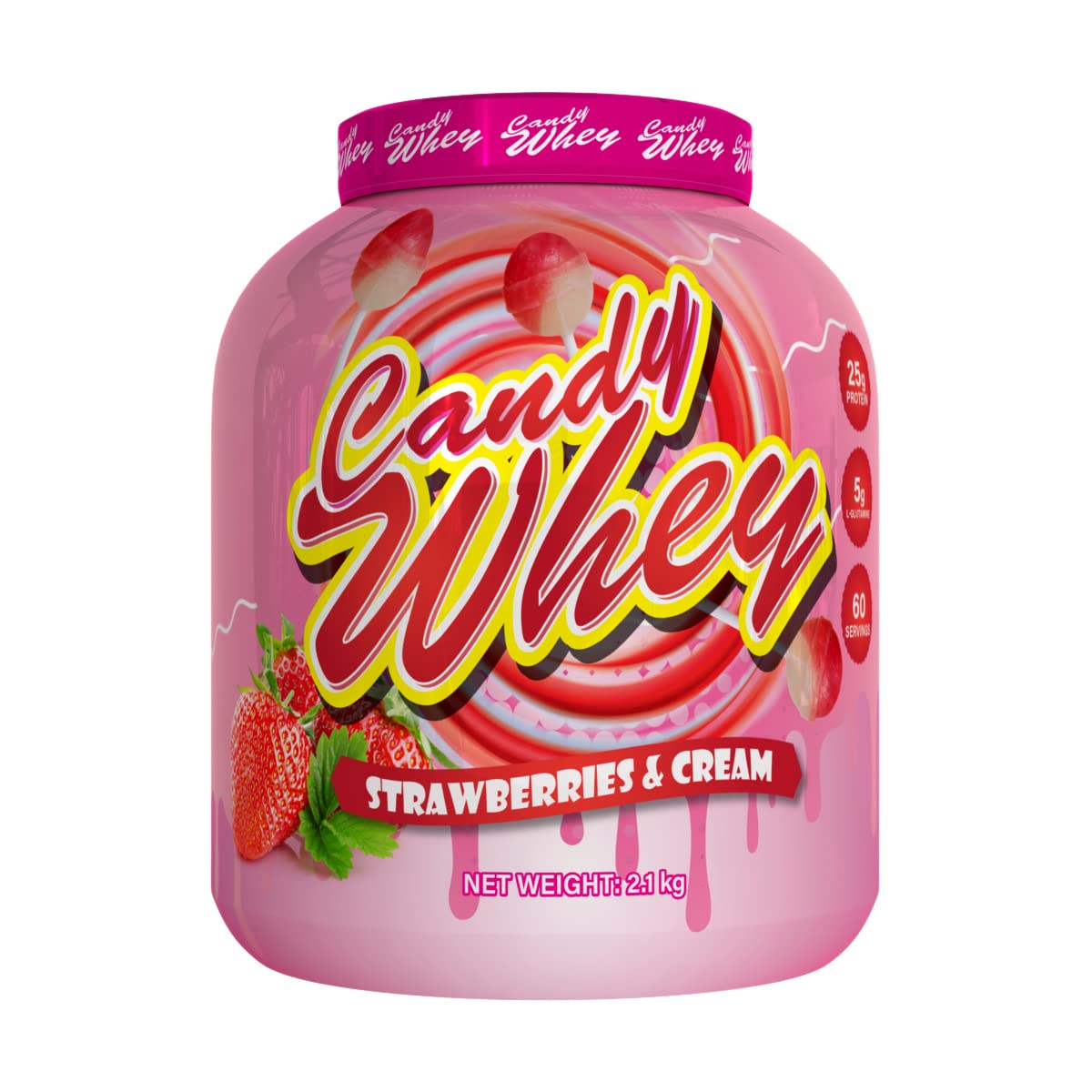 Candy Whey | 2.1kg | Muscle Building High Protein Shake | Vegetarian Friendly | 5g Glutamine Per Serving | Low Fat, Low Sugar | 60 Servings | (Strawberries & Cream)