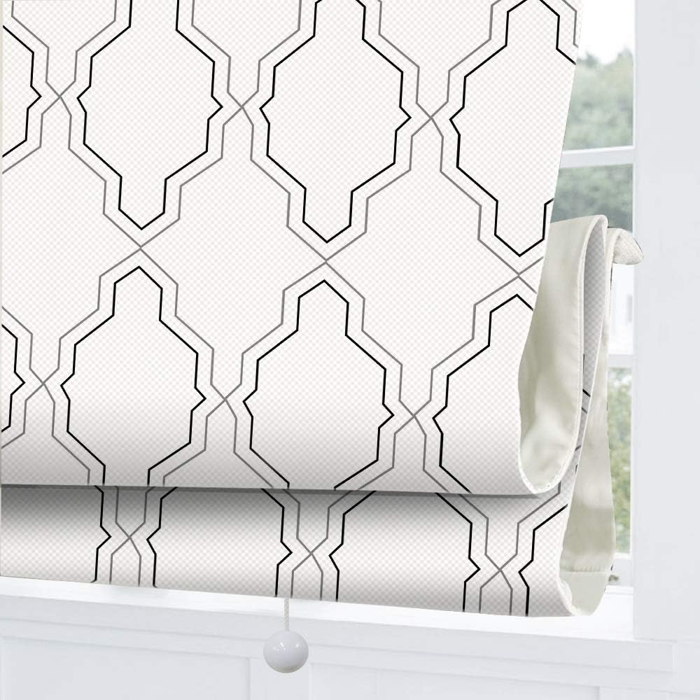 Cordless Roman Shades Window Blinds, White Geometric