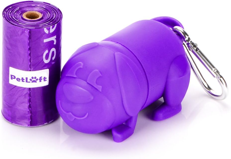 PETLOFT 15-Count Durable Biodegradable Environment-Friendly Dog Waste Bag Baby Powder Scented Poop Bag with EPI-Technology, One Purple Dispenser Included (Baby Powder Scented, 15 Counts)