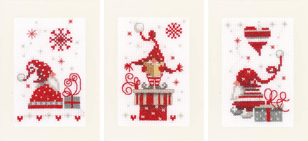 Vervaco Greeting Cards Set of 3 Gnome Counted Counted Cross Stitch Kit 10.5 x 15 x 1 cm, Cotton, multicoloured, 3 Units