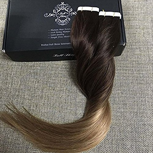 Fshine 14" Tape in Hair Extensions Skin Weft Dip Dye Real Hair Extensions Balayage Hair Color #2 Fading to #6 and #18 Ash Blonde Full Head Tape in Tape in Hair Extensions 50g 20 Pcs Per Package