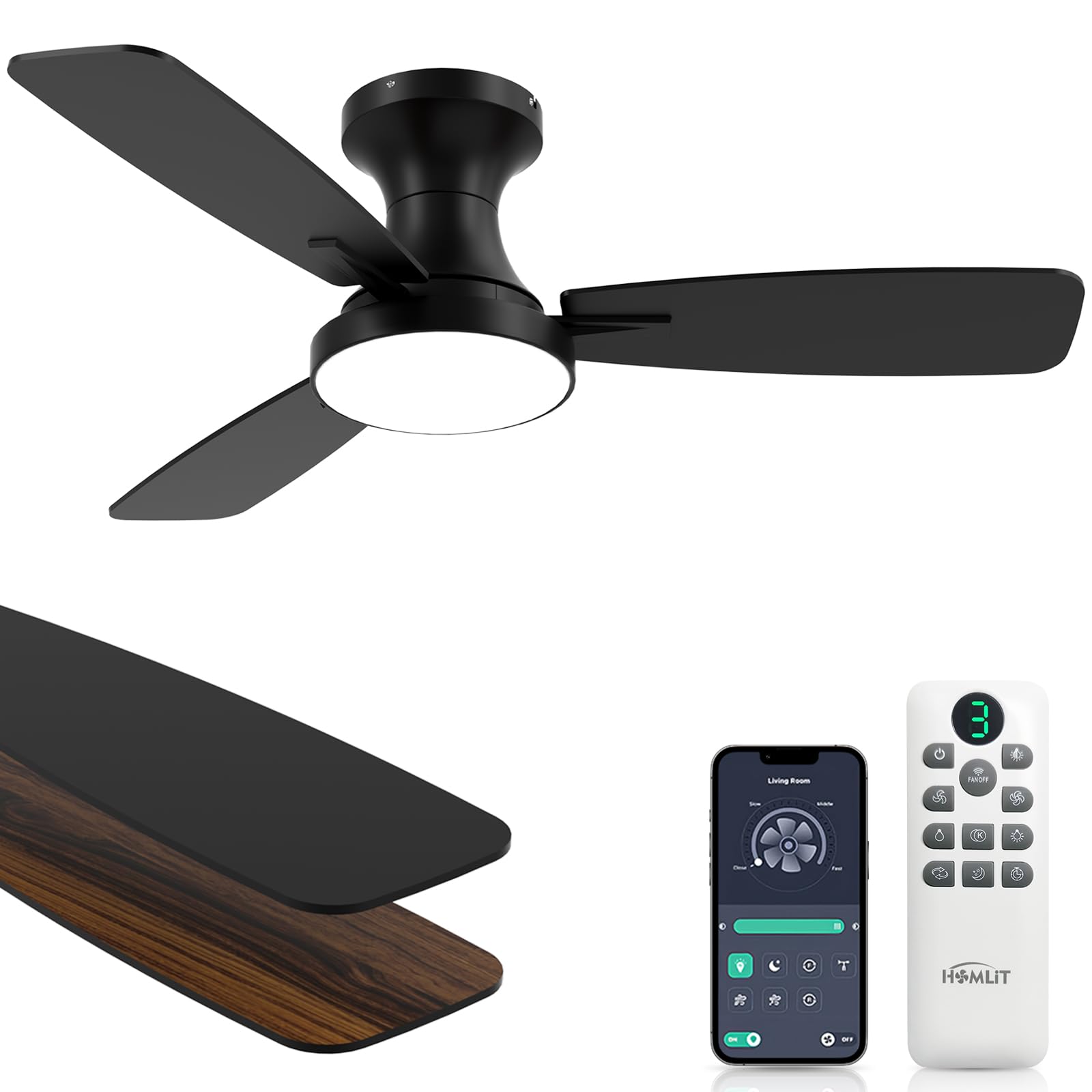 42 inch Smart Ceiling Fan with Light, Low Profile Flush Mount with Remote Control, Ultra-Quiet Reversible DC Motor, 3 Color Temperatures & 6 Speed Dimmable Lighting for Bedroom, Black