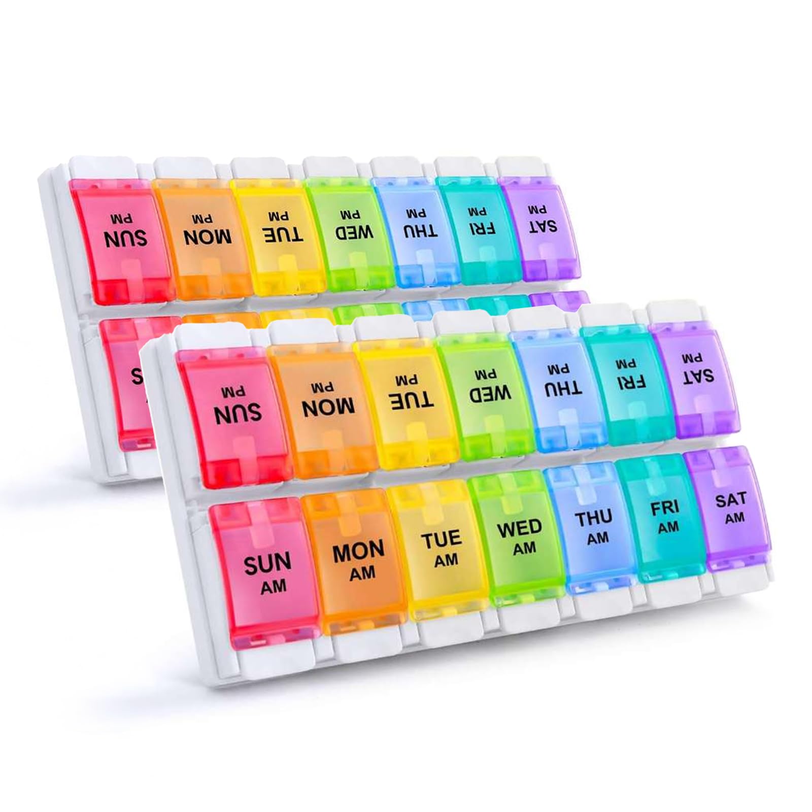 Photo 1 of Sukuos AM PM Weekly Pill Organizer 2 Times A Day 2pcs, 7 Day Pill Box with Easy Push Button, BPA Free Medicine Case Vitamin Holder for Fish Oil/Supplements (Rainbow)