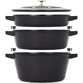 STAUB Cast Iron Set 4-pc, Stackable Space-Saving Cookware Set, Dutch Oven, Skillet, Grill Pan with Universal Lid, Made in Fra