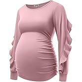 GINKANA Maternity Tops Ruffle Long Sleeve Maternity Shirts Cute Pregnancy Mama Tee Tops Casual Blouses for Baby Shower