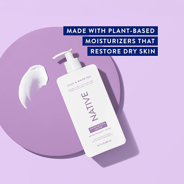 NATIVE BODY LOTION CONTAINS NATURALLY DERIVED PLANT-BASED MOISTURIZERS FOR WOMEN AND MEN | RESTORES DRY SKIN, LILAC & WHITE TEA, 16.5 FL OZ