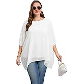 Cute Ann Womens 3/4 Batwing Sleeve Plus Size Elegant Summer Cape Blouse Scoop Neck Oversized Long Casual Tunic Tops Shirts