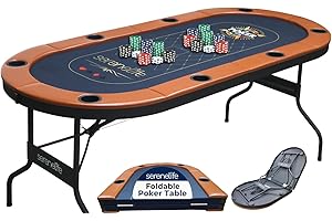 SereneLife 6ft Foldable Poker Game Table, 8 Player Casino Style Oval Card Table with Cushioned Rails, 8 Cup Holders, Metal Le