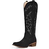 Fioralie Suede Cowboy Boots for Women Knee High Western Cowgirl Boots Pointed Toe Low Heel Classic Embroidered Boot