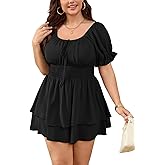 SCOMCHIC Women Plus Size Romper Dress Summer Short Jumpsuit Square Neck Puff Sleeve High Waist Ruffle Boho Jumpsuits
