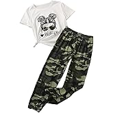 Afsmlys 2PC Kids Outfit Toddler Girls Clothes Figure & Letter Print Short Sleeve Top + Camo Print Pants Set