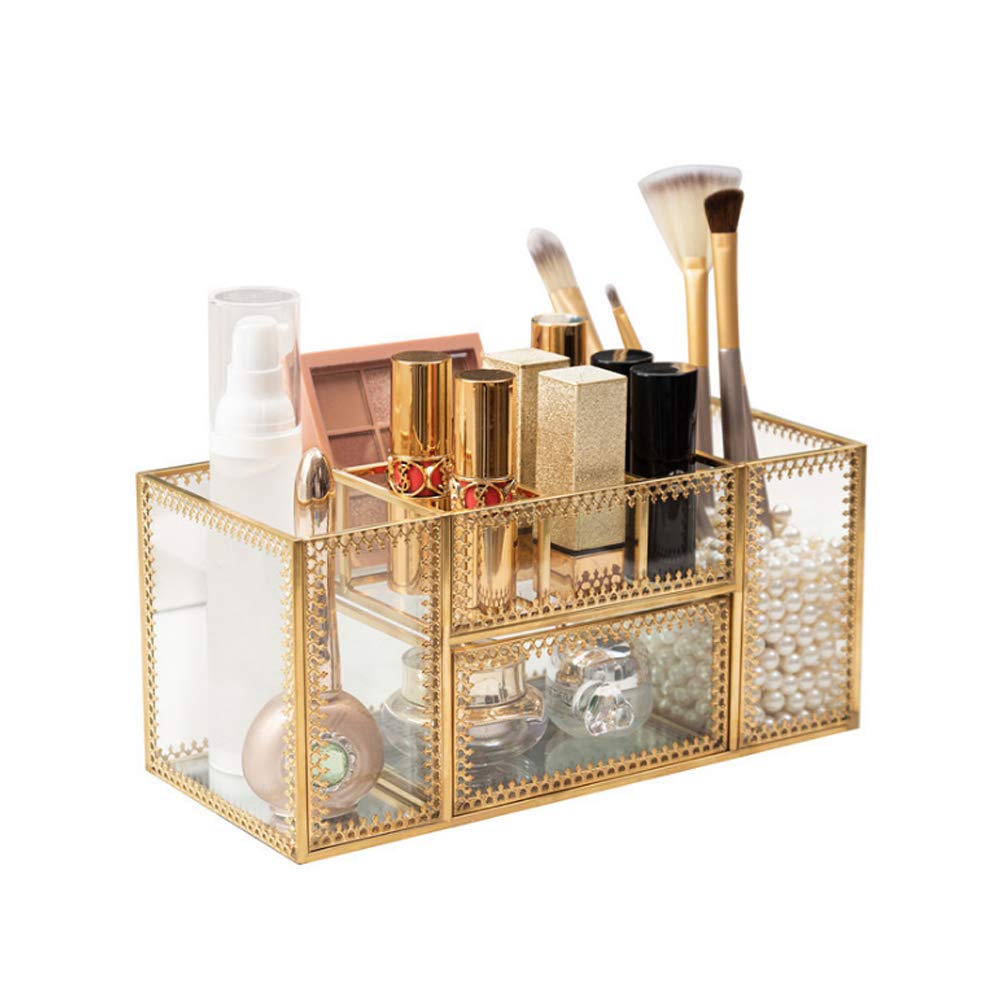 Cosmetics Storage Display Case,Gold Perfume Cosmetic Holder,Makeup Brush Holder,Lipstick storage,Glass Makeup Organizer for Bedroom Dresser Countertop