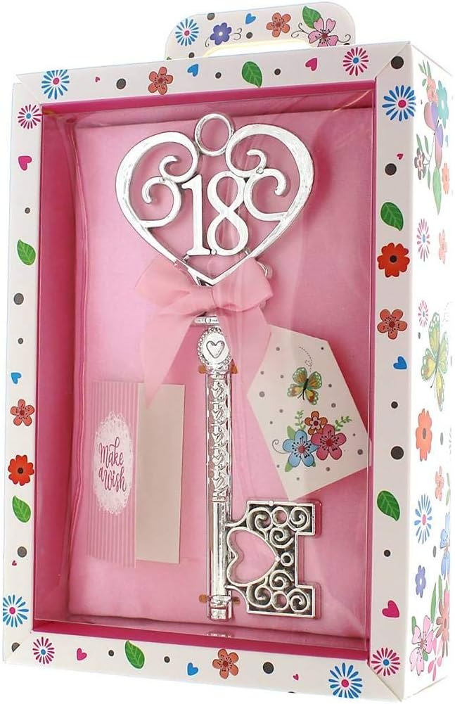 Tulip Studio Silver Age 18 Female Keepsake Key & Bright Presentation Box - 18th Birthday Gift, 18cm