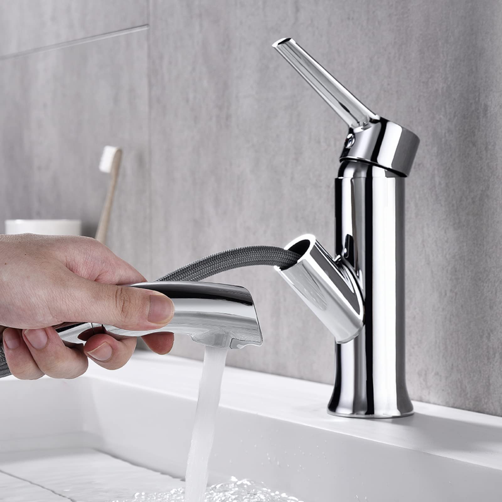 Auralum Bathroom Faucet with Pull-Out Shower, Single-Lever Basin Mixer Tap, Adjustable Hot and Cold Washbasin, Removable Aerator, Chrome